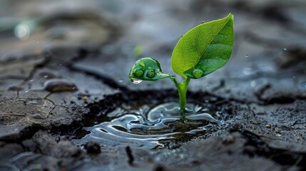 A single raindrop landing on a cracked, parched earth, causing a ripple effect that spreads vibrant green life across the landscape. Symbolize the hope and potential for change. - 766025219
