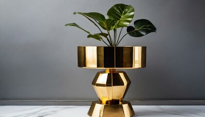modern living room with plant.a sleek and modern gold metal plant stand with a complementary flower pot holder, featuring clean and angular silhouettes accented by polished finishes, creating a contem