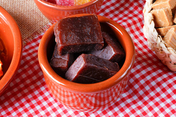 guava jam or mariola in ceramic bowl. Traditional sweet from Brazilian country festivals