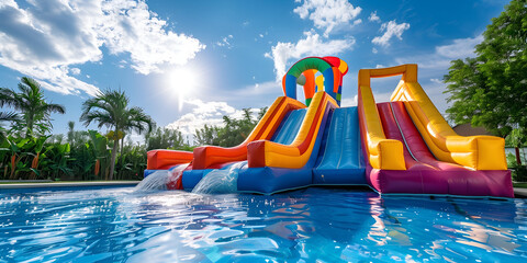 Colorful inflatable water slides in a childrens aquapark - obrazy, fototapety, plakaty