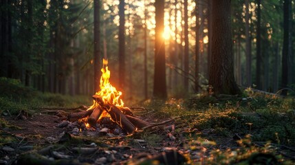 a fire burning in the middle of a dense forest - obrazy, fototapety, plakaty