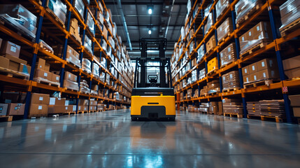 Double exposure of yellow forklift truck in warehouse. Transportation and logistics concept. - obrazy, fototapety, plakaty