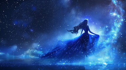 A celestial goddess avatar with glowing starry eyes and a flowing gown , up32K HD - obrazy, fototapety, plakaty