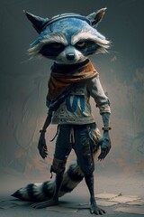 A mischievous anthropomorphic raccoon character with a bandit mask and striped tail , low noise - obrazy, fototapety, plakaty