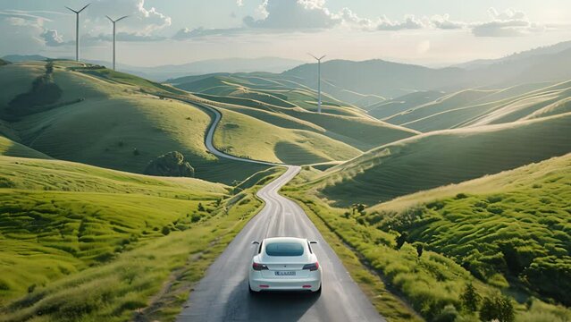 A green landscape with a white electric car on a winding road. Surrounding hills have wind turbines, a symbol of green energy. Soft sunlight.