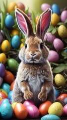 Fototapeta na wymiar Happy Easter Bunny with many colorful easter eggs