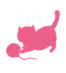 毛糸で遊ぶ猫のシルエット クレヨンタッチ　ピンク
