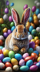 Fototapeta na wymiar Happy Easter Bunny with many colorful easter eggs