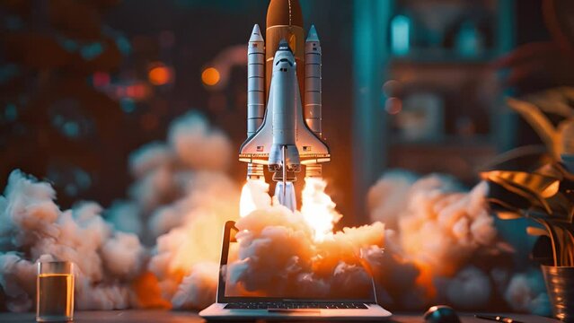 A rocket shoots out from a laptop with many social media symbols flying everywhere.