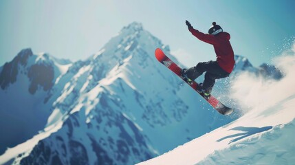 A snowboarder catching air on a halfpipe, their body twisted in a gravity-defying pose against a backdrop of snow-capped mountains. Capture the thrill and adrenaline rush of extreme sports.