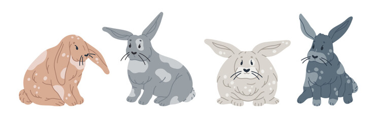 Cute Easter rabbits. Hand drawn spring bunnies, fluffy bunny characters, little Easter hares flat vector illustration set. Spring Easter holiday rabbits