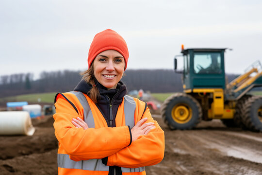 A portrait of a woman, part of a survey crew looking at the camera and smiling with her arms crossed while wearing a hardhat and reflective clothing