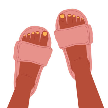 Feet in domestic slippers. Female feet with pedicure wearing home footwear, women feet in fluffy, cozy faux fur shoes flat vector illustration. Cute house shoes on feet