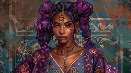 Fototapeta na wymiar A South Asian woman with vibrant purple hair styled in Bantu knots, gazing confidently out at the viewer. Her clothing incorporates traditional Indian embroidery with a modern twist.