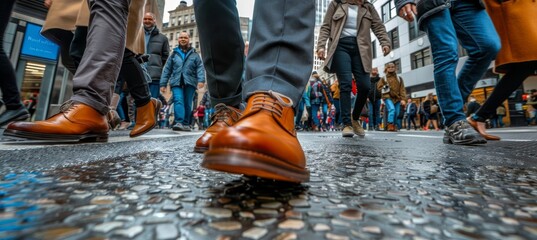 Urban crowd walking in shoes on city street with urban backdrop, busy metropolitan scene - obrazy, fototapety, plakaty
