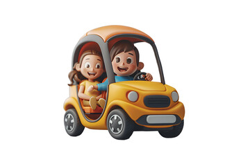 A 3D animated cartoon render of a happy family driving in an electric car.