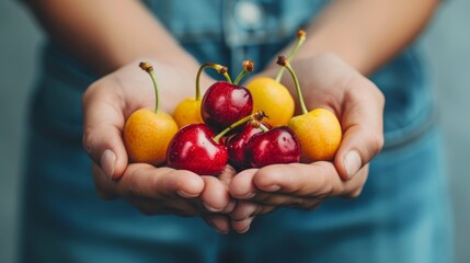 Hand holding ripe cherries with blurred background, fresh cherry assortment for text placement