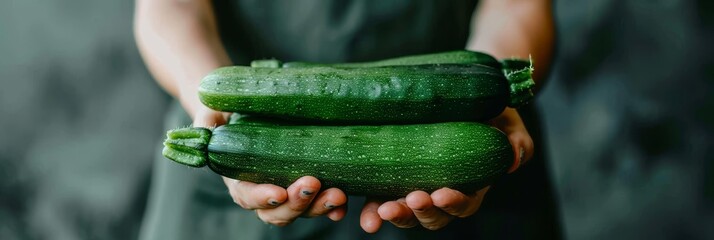Fresh zucchini selection held in hand with blurred background, copy space available