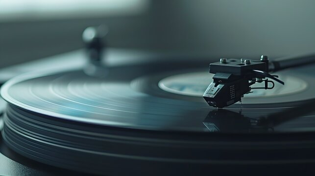 Close up of a vinyl record player in action. Music nostalgia with a modern touch. Perfect for audio enthusiasts and vintage decor. AI
