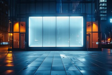 Mockup of a night time blank white advertising billboard on an office building wall.