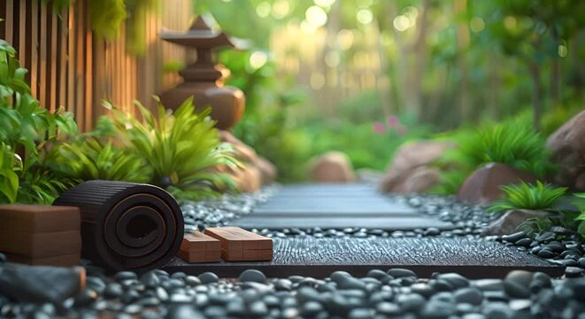 A yoga mat rolled up with blocks and a calming zen garden background