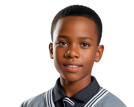 black primary male student isolated on transparent/white background, cut out