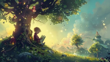 a child reading a storybook under a tree, with characters and landscapes from the book coming to life around them, blending reality and fantasy in a magical storytelling moment. - 766028834