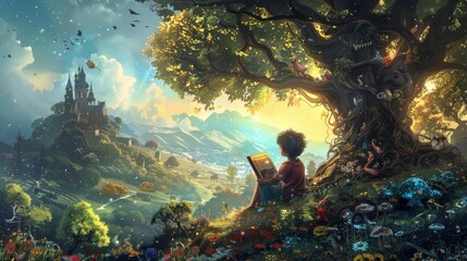a child reading a storybook under a tree, with characters and landscapes from the book coming to life around them, blending reality and fantasy in a magical storytelling moment. - 766029008