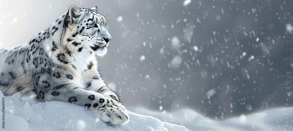 Poster snow leopard blending seamlessly into the snowy background for optimal camouflage