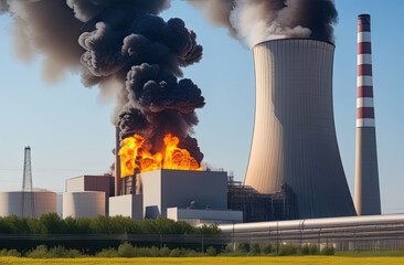 Fire at nuclear power plant, Radiation leak, Environmental disaster - obrazy, fototapety, plakaty