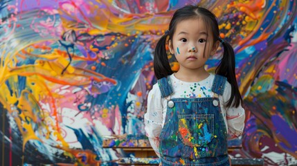 A young Asian girl with paint-splattered overalls stands proudly next to a giant easel, showcasing a vibrant abstract painting. (realistic, messy)