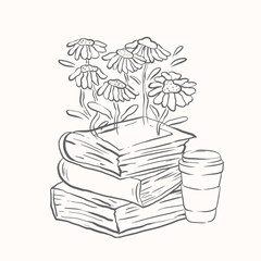 Sketch book stack and wild flowers with coffee cup vector, hand drawn book and daisy flowers vector. Teacher book clip art. Teacher appreciation