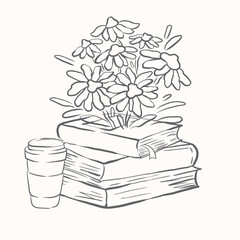 Sketch book stack and wild flowers with coffee cup vector, hand drawn book and daisy flowers vector. Teacher book clip art. Teacher appreciation