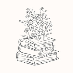 Sketch book stack and wild flowers vector, hand drawn book and daisy flowers vector. Teacher book clip art. Teacher appreciation