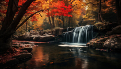 Colorful waterfall in autumn forest with red and yellow leaves. High quality photo of beautiful landscape with water and trees.
