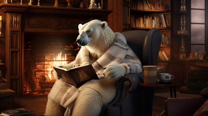 polar bear, reading quietly in a library, wearing pajamas, large fire place lit and a steaming cup of hot chocolate - obrazy, fototapety, plakaty