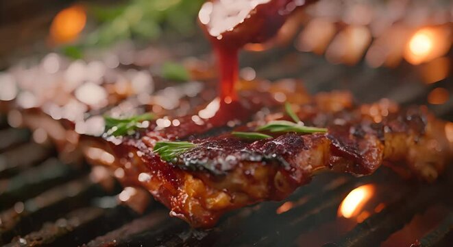 A splash of tangy barbecue sauce being brushed onto grilled ribs