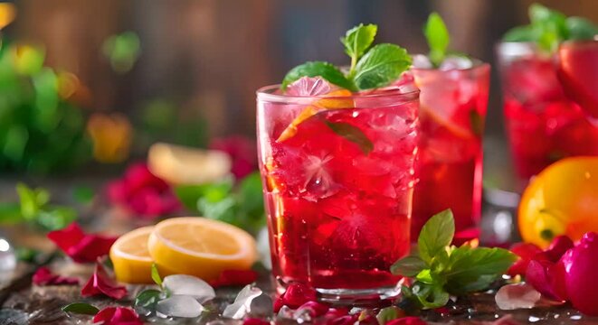 A refreshing glass of iced hibiscus tea with lemon and mint