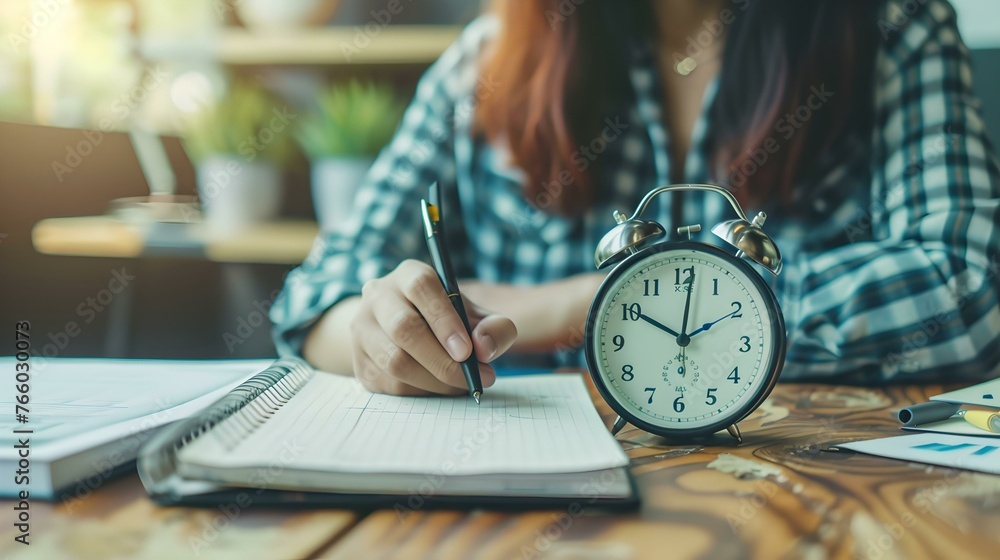 Poster focused individual managing time while writing in notebook. contemporary casual style, time manageme