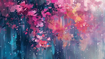 An abstract or impressionistic illustration that captures the essence of spring showers, using vibrant colors and dynamic strokes to convey the movement and freshness of rain. - obrazy, fototapety, plakaty