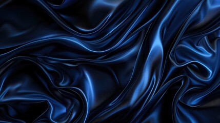 Obraz premium Black blue abstract background. Silk satin. Curtain, drapery. Shiny fabric. Dark. Wavy soft pleats. Navy blue elegant luxury background. Liquid wave effect. Gradient.