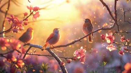 An idyllic scene of a dew-covered meadow at dawn, with songbirds perched and singing atop blossoming branches, welcoming the new day with their melodious chorus. - 766030621