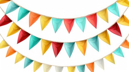 Carnival garland with flags isolated on white background. Decorative colorful pennants for birthday celebration, festival and bright decoration. - obrazy, fototapety, plakaty