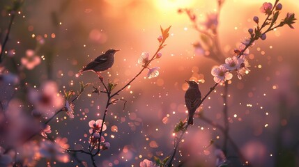 An idyllic scene of a dew-covered meadow at dawn, with songbirds perched and singing atop blossoming branches, welcoming the new day with their melodious chorus. - 766030632