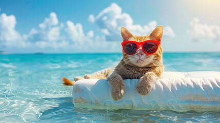 cat on a mattress in the ocean water at the beach, enjoying summer vacation holidays, wearing red...