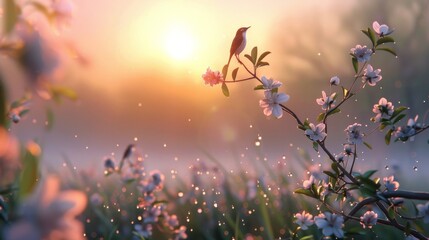 An idyllic scene of a dew-covered meadow at dawn, with songbirds perched and singing atop blossoming branches, welcoming the new day with their melodious chorus. - 766030684