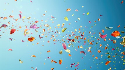 Colored confetti flying on blue background