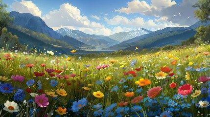 The breathtaking view of a wildflower meadow, with a diverse palette of colors stretching far into the horizon, inviting onlookers to wander and revel in nature's springtime display. - 766030816