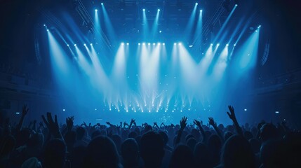 crowded concert hall with scene stage lights in blue tones, rock show performance, with people silhouette, on a dance floor air during a concert festival - obrazy, fototapety, plakaty