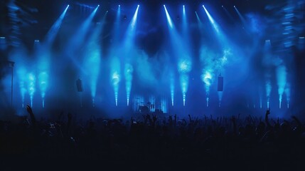 Naklejka premium crowded concert hall with scene stage lights in blue tones, rock show performance, with people silhouette, on a dance floor air during a concert festiva